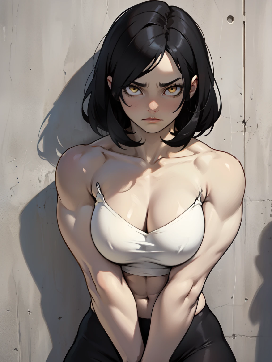 sad girl muscular girl sad girl muscular girl black hair yellow eyes pale skin breasts drop shadow