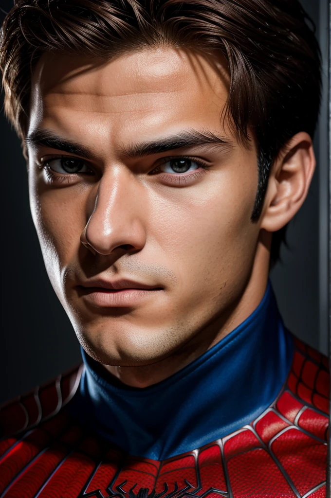 A photograph of spider man, no mask, 20 yo, handsome, detailed face, looking at camera, portrait, 8k uhd, high quality