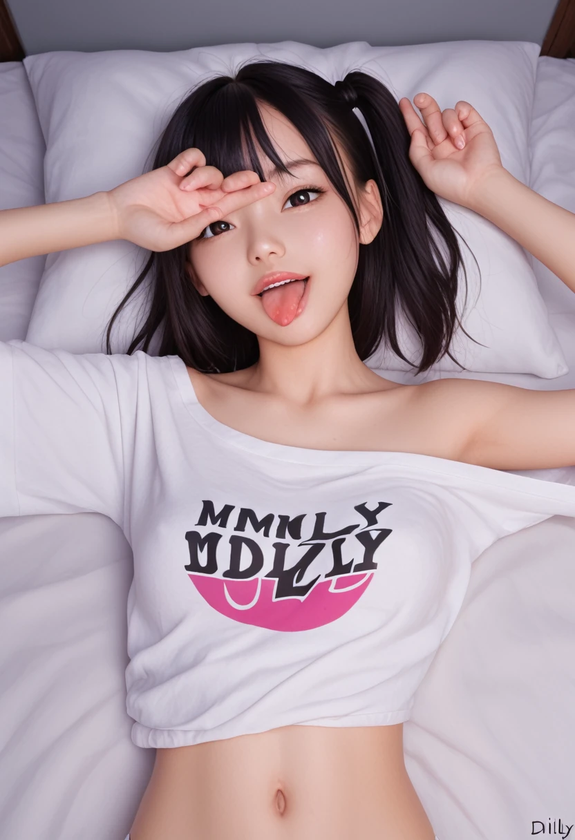 fluorescent colors t-shirt,off-shoulder look,bare shoulder,ollarbone,midriff peek,string panties,(open mouth:1.5),(tongue out:2),lying,Selfie,(overhead shot:1),front view,upper body,(1girl,Beautiful 14 year old girl),((Slender,Small breasts,Small face,)),(looking at viewer),Black Hair,bangs,one side up,Beautiful and detailed,(Dimly lit room:1.5),Simple Background,White bed,pillow,Mischievous smile