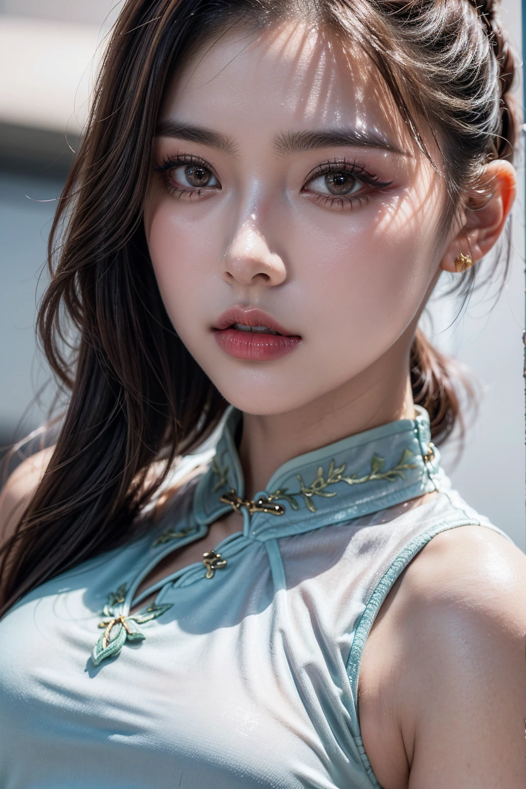 (absurd quality,16k,highres,masterpiece:1.2), ultra details,UHD,(photorealistic Realism 16K Quality), (1woman:1.3 22-year-old), (super quality details, realistic texture: skin, hair), (the most absurd quality perfect eyes), ((natural super beautiful cute sharp-face)), (light pale complexion), (clear no blur and sharp perfect round realistic brown_eyes:1.35), finely detailed pupils, detailed lips:1.3, BREAK, ((Fujicolor、daytime soft lighting)、fashion supermodel、((curly heban hair (slicked to the two side) Intricately detailed:1.25)), BREAK, (pink_makeup:1.35), BREAK, ((Classic and sexy ((white)) cheongsam)、Detailed blue decoration:1.3)), BREAK, (Fitted clothing:1.3)、dynamic pose、((close-up of her face:1.25)), (no decorations in the hair), (dark shot:1.2),