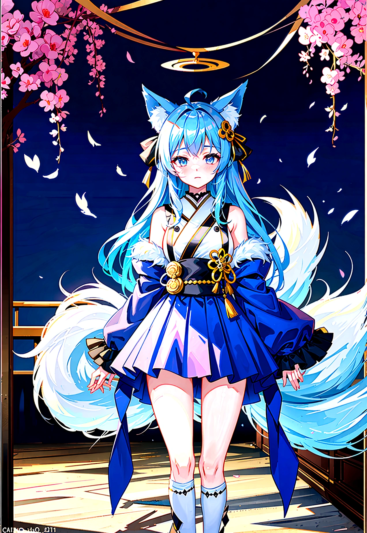 fox Light blue hair 　beast girl　indigo fur　fox beast girl　Anime Style　fox　blue　White-faced golden-haired nine-tailed fox　Coat blue　fox Light blue hair 　beast girl　indigo fur　fox beast girl　fox Light blue hair 　beast girl　indigo fur　fox beast girl　Wallpaper 4k,8k,highly detailled,,vivid colors,detailed kitsune with 9 tails,traditional Japanese artwork,tatami floor,beautiful cherry blossoms,floating lanterns,dark silhouette of a pagoda,subtle moonlight,dense forest,ethereal atmosphere,dappled sunlight,whimsical spirit,serene expression,elaborate kimono and obi,delicate hand-painted details,luminous eyes　Anime Style　fox　blue　White-faced golden-haired nine-tailed fox　Coat blue　　fox Light blue hair 　beast girl　indigo fur　fox beast girl　Anime Style　fox　blue　White-faced golden-haired nine-tailed fox　Coat blue　　　mysterious background　Blue Flame　girl　have a ball of light　fox Light blue hair 　beast girl　indigo fur　fox beast girl　mysterious background　Blue Flame　girl　have a ball of light Anime Style　fox　blue　White-faced golden-haired nine-tailed fox　Coat blue　　　mysterious background　Blue Flame　girl　have a ball of light　　mysterious background　Blue Flame　girl　have a ball of light　fox Light blue hair 　beast girl　indigo fur　fox beast girl