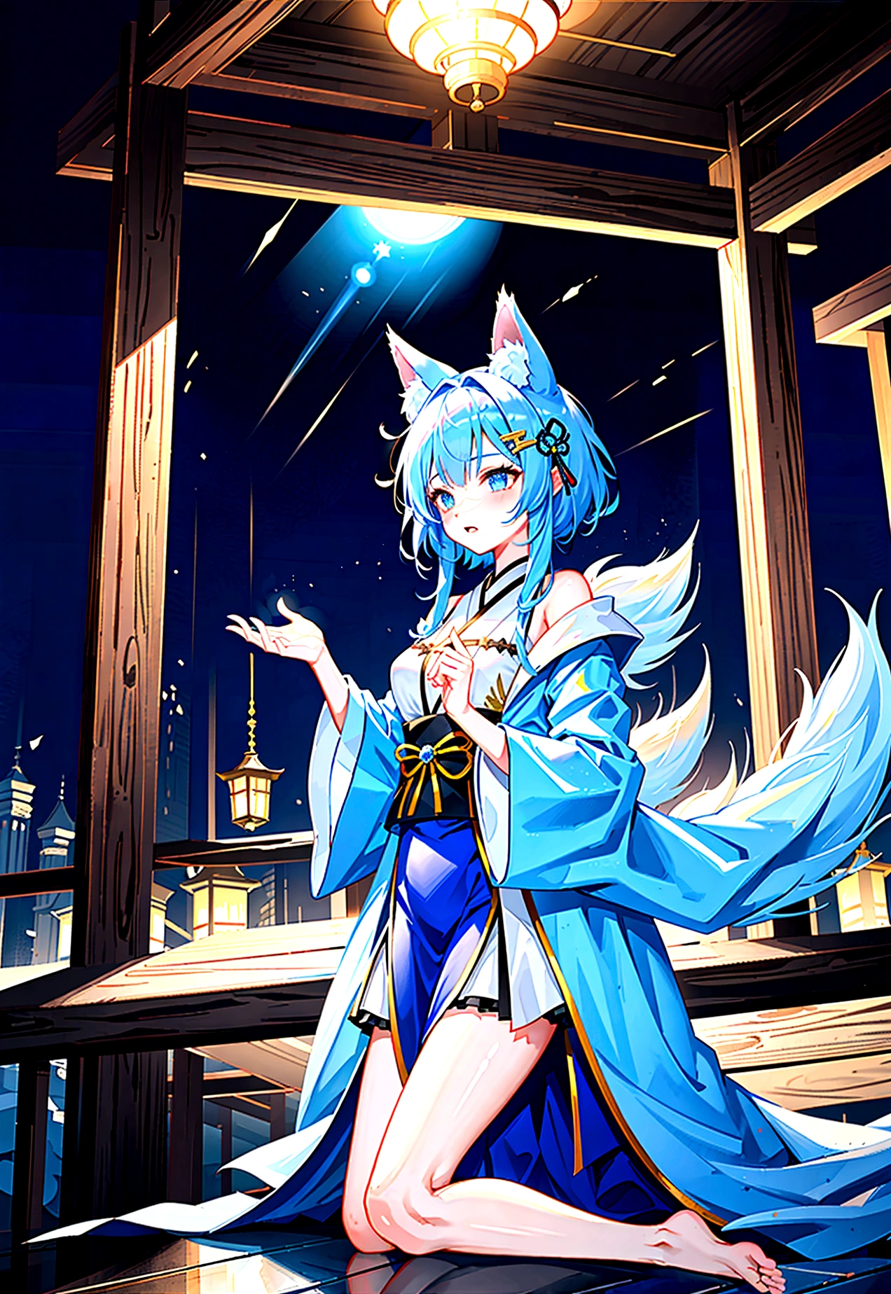 fox Light blue hair 　beast girl　indigo fur　fox beast girl　Anime Style　fox　blue　White-faced golden-haired nine-tailed fox　Coat blue　fox Light blue hair 　beast girl　indigo fur　fox beast girl　fox Light blue hair 　beast girl　indigo fur　fox beast girl　Wallpaper 4k,8k,highly detailled,,vivid colors,detailed kitsune with 9 tails,traditional Japanese artwork,tatami floor,beautiful cherry blossoms,floating lanterns,dark silhouette of a pagoda,subtle moonlight,dense forest,ethereal atmosphere,dappled sunlight,whimsical spirit,serene expression,elaborate kimono and obi,delicate hand-painted details,luminous eyes　Anime Style　fox　blue　White-faced golden-haired nine-tailed fox　Coat blue　　fox Light blue hair 　beast girl　indigo fur　fox beast girl　Anime Style　fox　blue　White-faced golden-haired nine-tailed fox　Coat blue　　　mysterious background　Blue Flame　girl　have a ball of light　fox Light blue hair 　beast girl　indigo fur　fox beast girl　mysterious background　Blue Flame　girl　have a ball of light Anime Style　fox　blue　White-faced golden-haired nine-tailed fox　Coat blue　　　mysterious background　Blue Flame　girl　have a ball of light　　mysterious background　Blue Flame　girl　have a ball of light　fox Light blue hair 　beast girl　indigo fur　fox beast girl