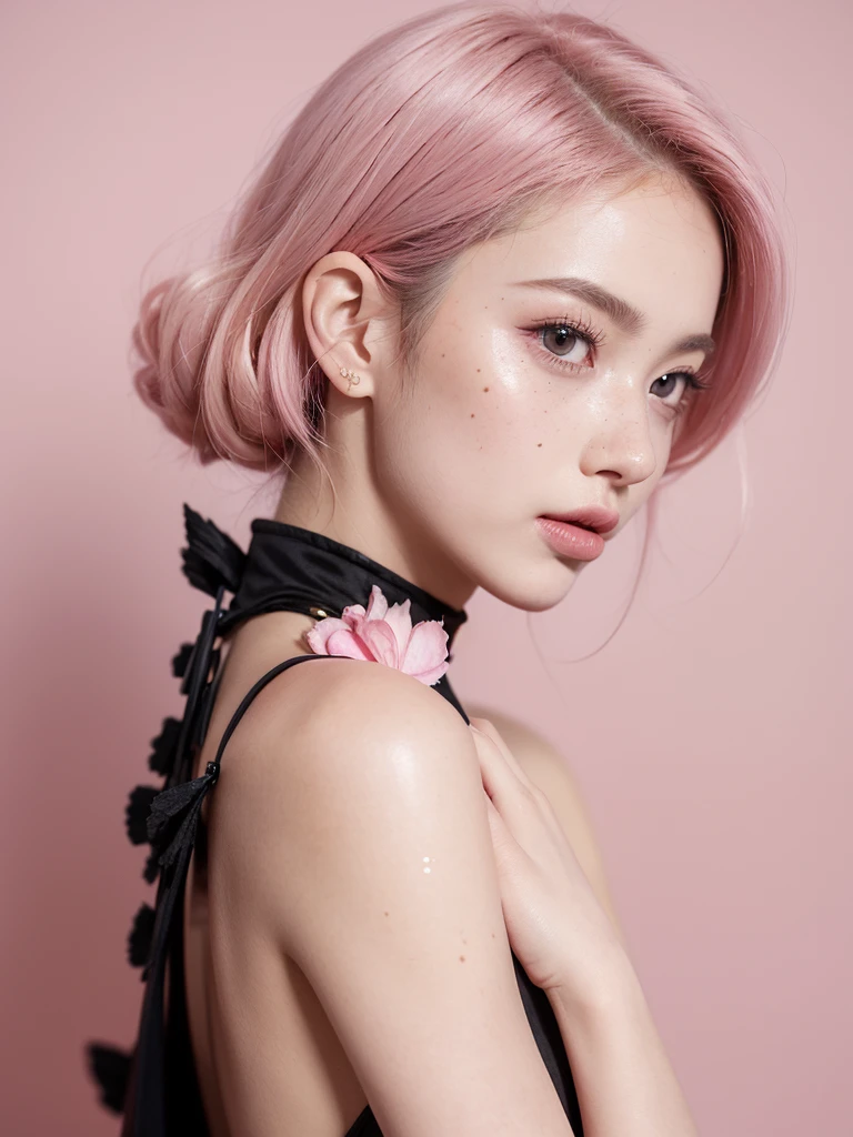 Background ( black) , standing near a samurai Armor holding it , Wearing ( a black and golden dragon print backless dress), back view,cute girl short pink hair ,all her hair short pink , with a star clip in her pink hair, light colored eyes, pretty eyes, happy eyes, pretty, upturned nose, watery nose, Pretty lips, pink lips, heart and cupid shaped lip, pretty skin, pale, White skin, with moles and freckles all over his face, soft pink blush on the cheeks, natural pink blush, soft pink makeup, Jennie, nice neck, frown, tender look, with a kiss necklace, Delgado, marked and pretty, , photorealism, 8k , photorealistic , show clearly,