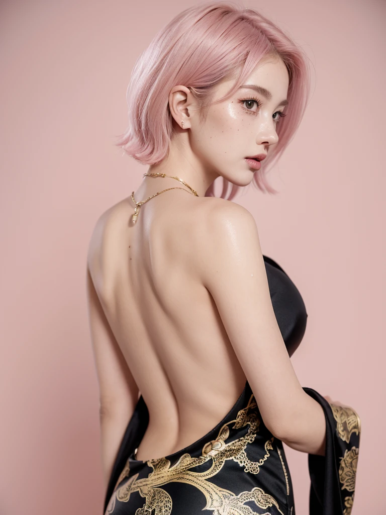 Background ( black) , standing near a samurai Armor holding it , Wearing ( a black and golden dragon print backless dress), back view,cute girl short pink hair ,all her hair short pink , with a star clip in her pink hair, light colored eyes, pretty eyes, happy eyes, pretty, upturned nose, watery nose, Pretty lips, pink lips, heart and cupid shaped lip, pretty skin, pale, White skin, with moles and freckles all over his face, soft pink blush on the cheeks, natural pink blush, soft pink makeup, Jennie, nice neck, frown, tender look, with a kiss necklace, Delgado, marked and pretty, , photorealism, 8k , photorealistic , show clearly,