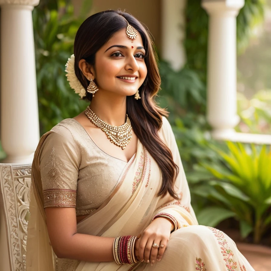 beautiful Indian 20 year old girl, realistic facial features, perfect hourglass figure, serene garden backdrop, warm sunlight, delicate smile, Anushka Sharma inspired, intricate Indian jewelry, Henna adorned hands, vibrant flowers, lush greenery, soft white dupatta, elegant saree, subtle Indian Bindis, relaxed pose, gentle breeze, Ravi Varma influenced, warm color grading, warm beige tones