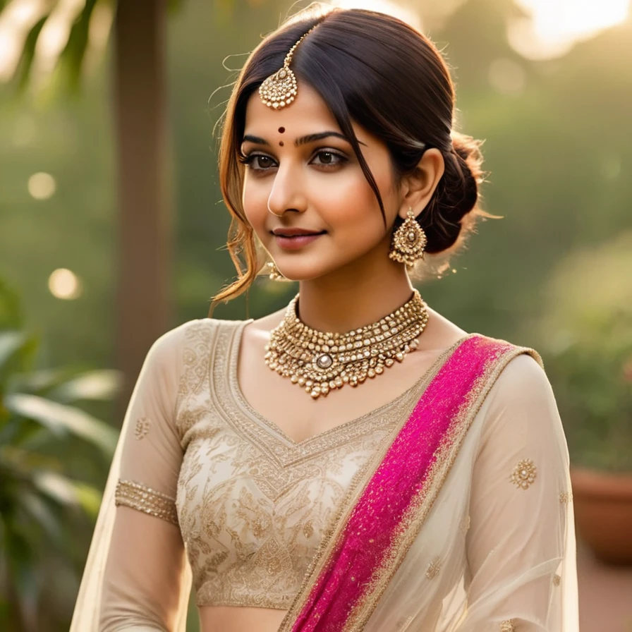 beautiful Indian 20 year old girl, realistic facial features, perfect hourglass figure, serene garden backdrop, warm sunlight, delicate smile, Anushka Sharma inspired, intricate Indian jewelry, Henna adorned hands, vibrant flowers, lush greenery, soft white dupatta, elegant saree, subtle Indian Bindis, relaxed pose, gentle breeze, Ravi Varma influenced, warm color grading, warm beige tones
