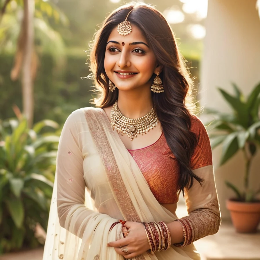beautiful Indian 20 year old girl, realistic facial features, perfect hourglass figure, serene garden backdrop, warm sunlight, delicate smile, Anushka Sharma inspired, intricate Indian jewelry, Henna adorned hands, vibrant flowers, lush greenery, soft white dupatta, elegant saree, subtle Indian Bindis, relaxed pose, gentle breeze, Ravi Varma influenced, warm color grading, warm beige tones