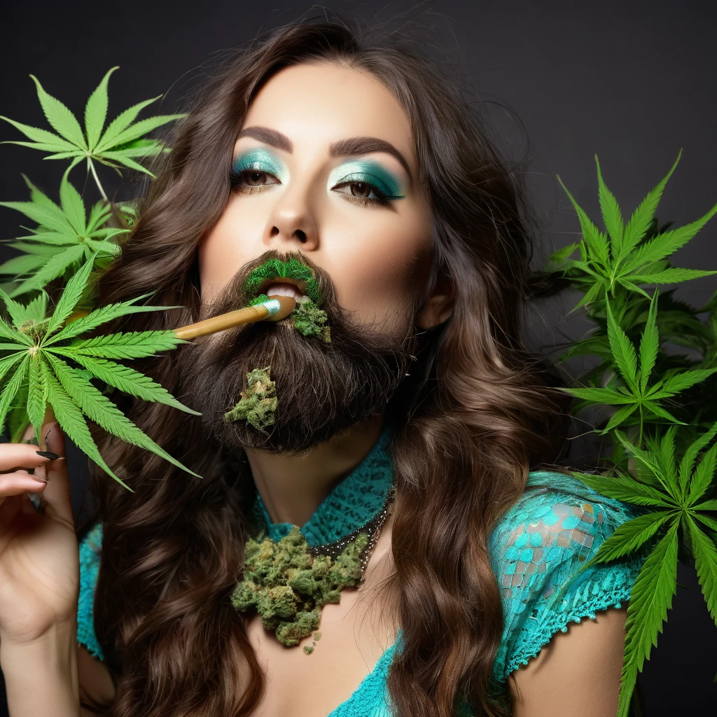 bearded woman hirsute smokes cannabis and is stoned