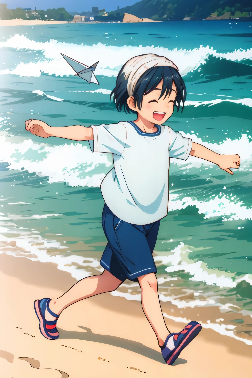 Small outdoor,Full body portrait,5 years old,((paper airplane)),Laughing happily,mini cute toddler、Shooting from the side、Strong bokeh、Shiba Inu、Sandy Beach