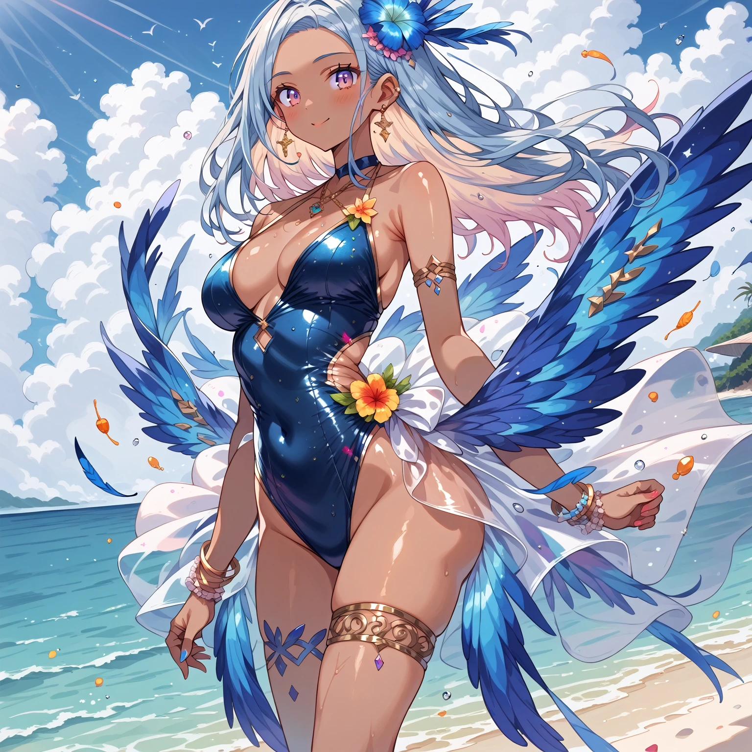 score_9, score_8_up, score_7_up, source_anime,masterpiece, best quality, high resolution, extremely detailed CG, absurdres, highres, 1girl, a dark skin girl in a swimsuit, posing at the beach, (((light blue hair))), golden_decorations, feathers on swimsuit, asymmetric swimsuit, ((glitter swimsuit, shiny swimsuit)), Ombre swimsuit, gorgeous, single thighhigh, beach and blue sky in background, ((((transparent_dress))))