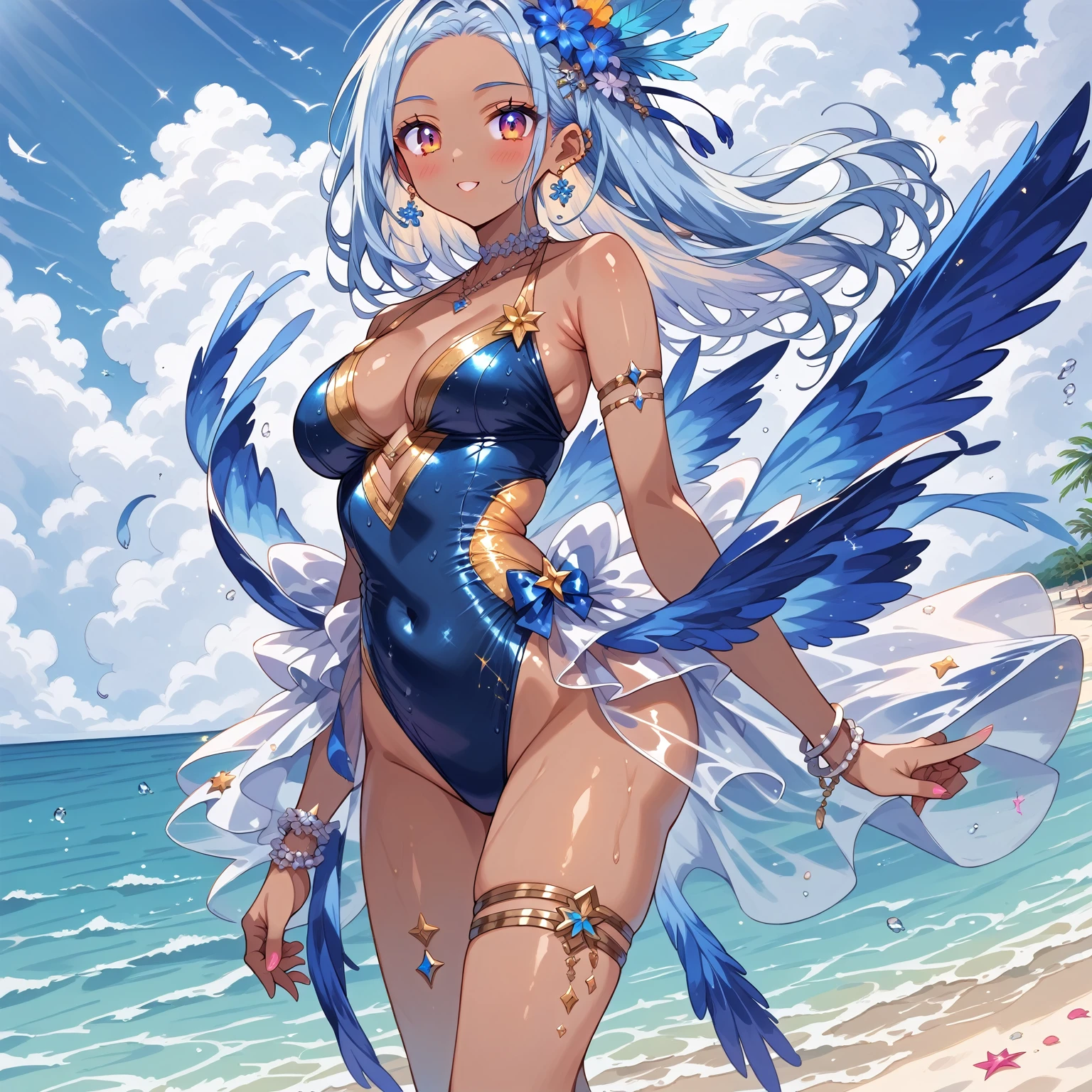 score_9, score_8_up, score_7_up, source_anime,masterpiece, best quality, high resolution, extremely detailed CG, absurdres, highres, 1girl, a dark skin girl in a swimsuit, posing at the beach, (((light blue hair))), golden_decorations, feathers on swimsuit, asymmetric swimsuit, ((glitter swimsuit, shiny swimsuit)), Ombre swimsuit, gorgeous, single thighhigh, beach and blue sky in background, ((((transparent_dress))))