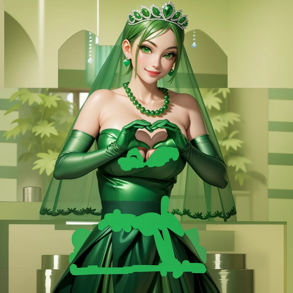 emerald tiara, Green Pearl Necklace, Boyish very short green hair, Green Lips, Smiling Japanese woman, Very short hair, Busty beautiful lady, Green Eyes, Green satin long gloves, Green Eyes, Emerald Earrings, Green veil, Heart with both hands, Green Hair, Beautiful Japanese Woman, Heart shaped hands:1.3, green lip gloss