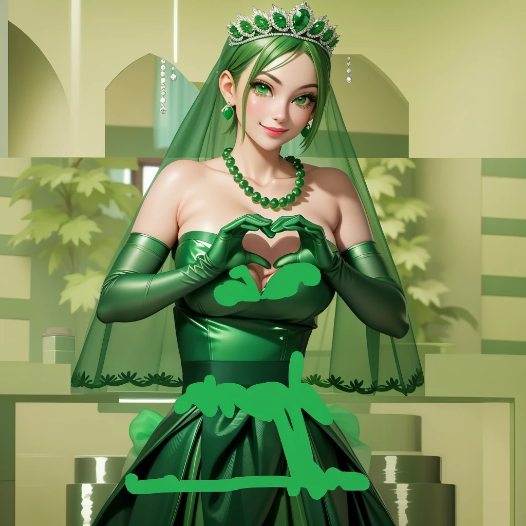 emerald tiara, Green Pearl Necklace, Boyish very short green hair, Green Lips, Smiling Japanese woman, Very short hair, Busty beautiful lady, Green Eyes, Green satin long gloves, Green Eyes, Emerald Earrings, Green veil, Heart with both hands, Green Hair, Beautiful Japanese Woman, Heart shaped hands:1.3, green lip gloss