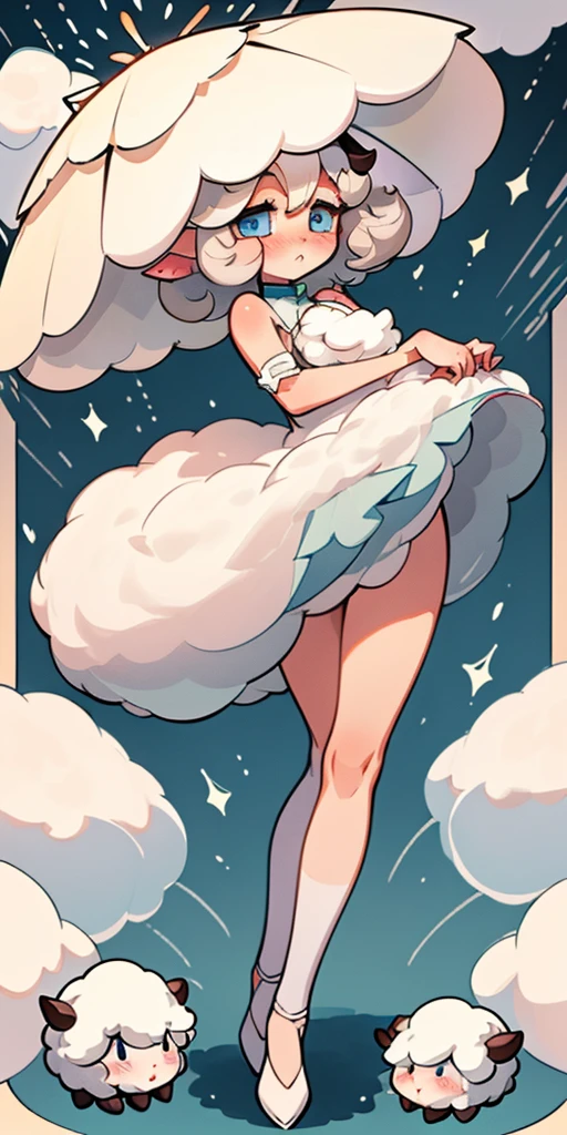 woman, Short white curly hair, Long, bushy ears, Short dress with fluffy fur lining, Curvy, shy, blush, Fluffy socks, Fair skin, Sheep Girl, blue eyes, Inspired by anime, Inspired by manga, Soft lines, 子Sheep Girl, Sheep Girl, Cute Cartoon Sheep, Soft colors, Full body portrait