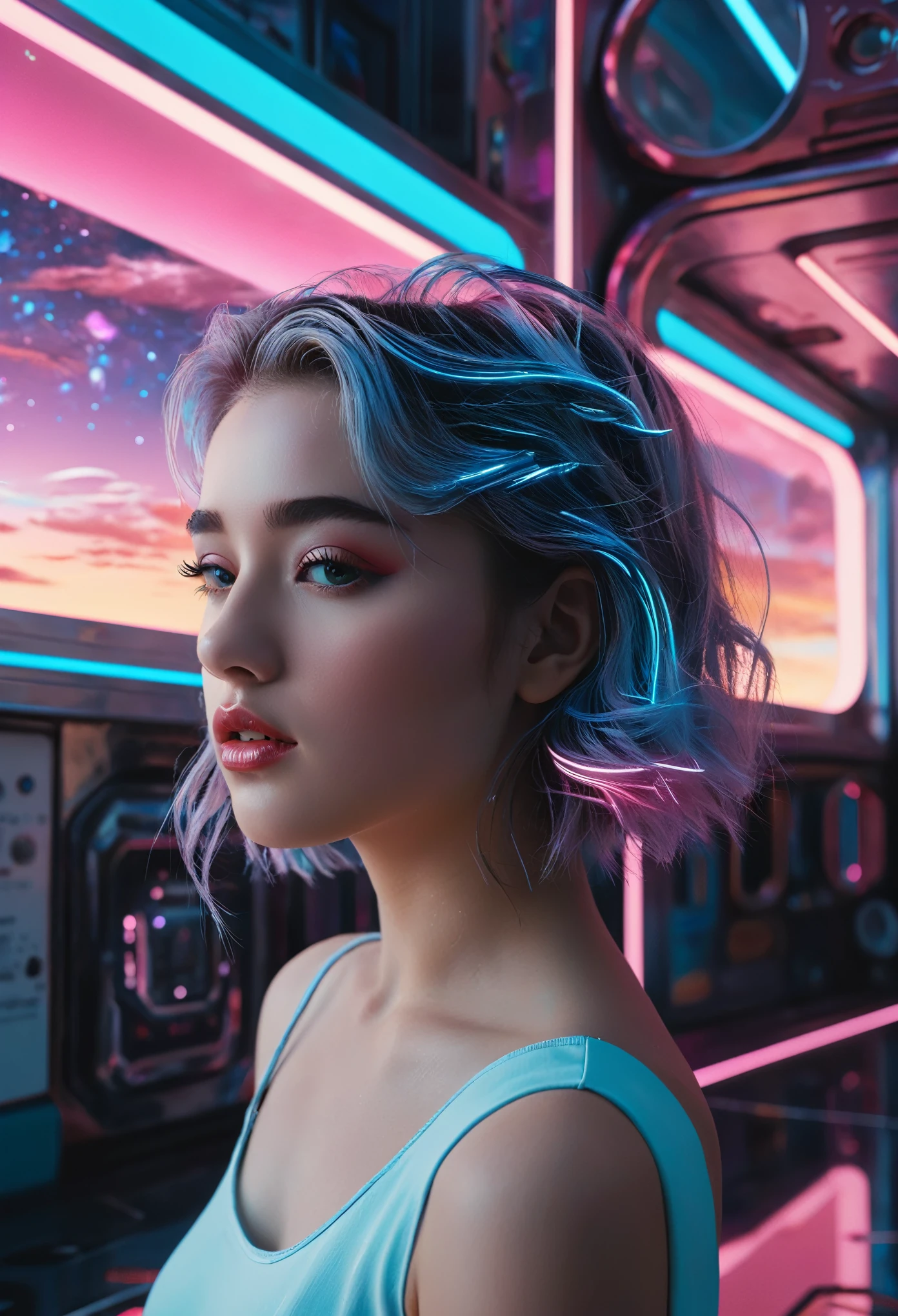 Dismantling the Self, Ultra-realistic surrealism, Dreamscape, An award-winning masterpiece with incredible detail, a beautiful girl, Surreal Vaporwave, Marginal Space, Very detailed, Very detailed futuristic, Cleveland Ohio, Cinematic, Rim Light, Octane Rendering, translation