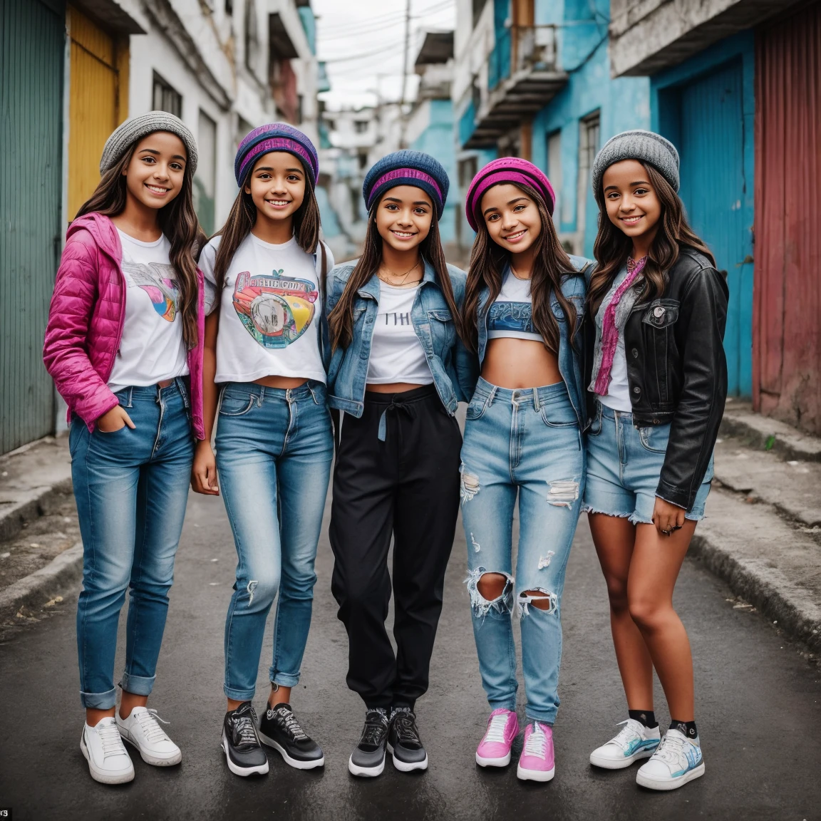 iPhone portrait bright overcast, comuna 13, 3 girls between 15-19 years old, smiling, trendy casual outfits