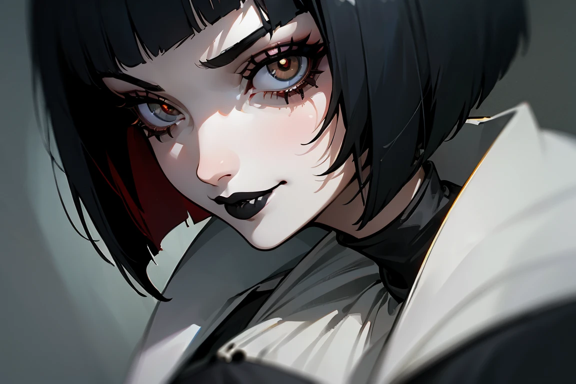 (masterpiece, best quality, Full HD), extreme close up, tilted angle, side view, woman portrait, gothic, bob cut black hair, black lipstick, black eyelashes, doctor white coat, bokeh, blur, smirk