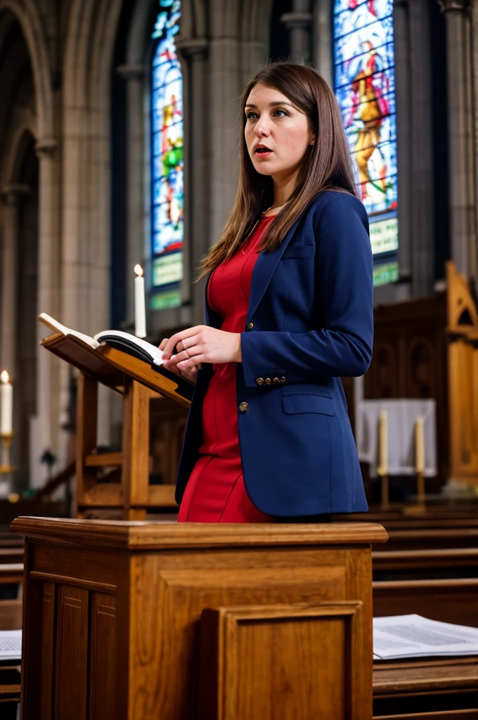 a realistic cinematic front view photo of the 30 year old woman wearing reddish suit giving a speech at a lectern in a ((protestant church)), long hair, bible on the pulpit, long shot in Nikon D850 DSLR, 200mm f/1. 8 lens,