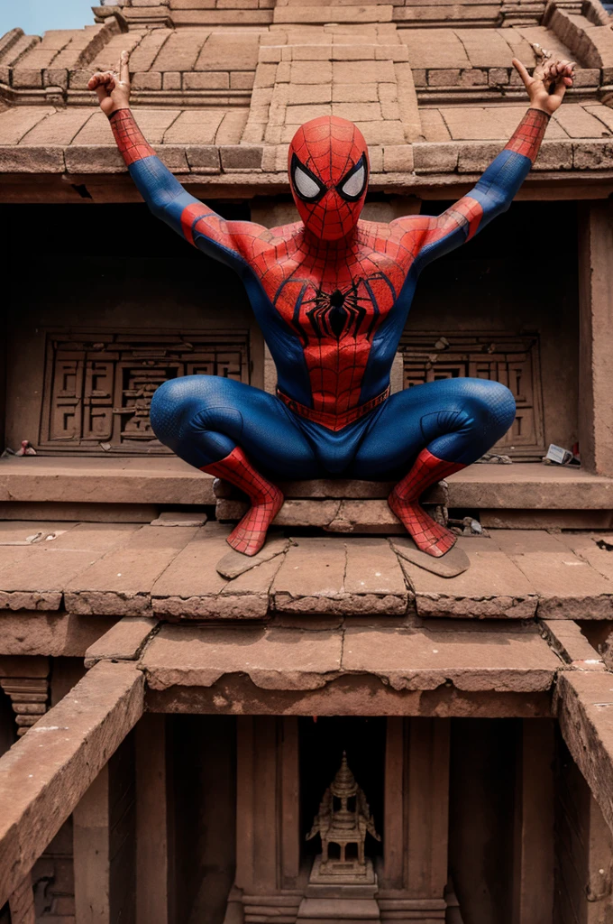 A view of SpiderMan sitting on top of Andal Temple in Thiruvilliputhur