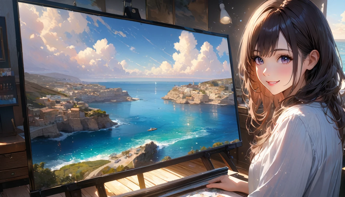 Sparkling sea in Malta , Sunny sky with fluffy white clouds, houses along the coast, Blur the background,Pleasant sea breeze,Young woman with dark hair,smile,Glitter effect,highest quality, 4K, 8K, High resolution, masterpiece:1.2, Very detailed, Realistic:1.37, High resolution, 超High resolution, Studio Lighting, Ultra-fine painting, Sharp focus, Physically Based Rendering, Very detailed explanation, Professional, Vibrant colors