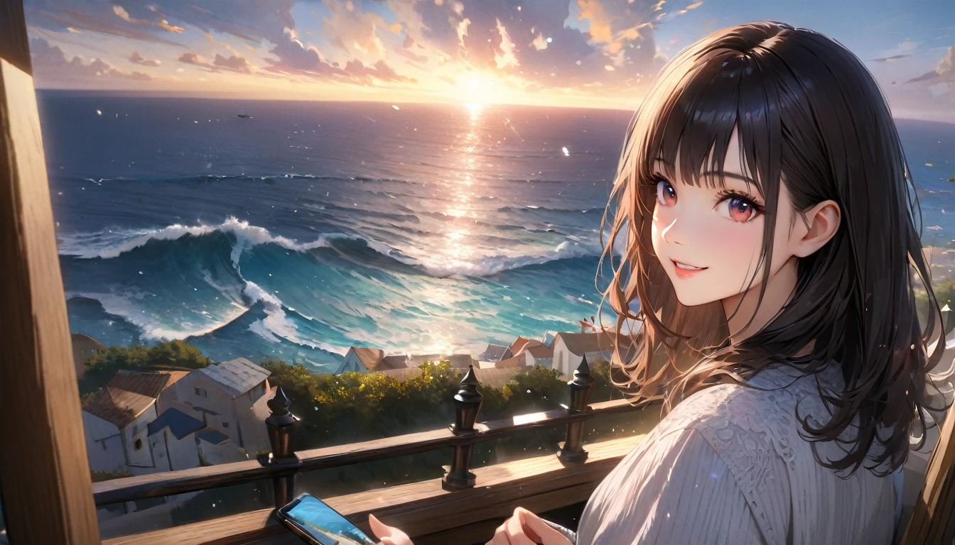Sparkling sea in Malta , Sunny sky with fluffy white clouds, houses along the coast, Blur the background,Pleasant sea breeze,Young woman with dark hair,smile,Glitter effect,highest quality, 4K, 8K, High resolution, masterpiece:1.2, Very detailed, Realistic:1.37, High resolution, 超High resolution, Studio Lighting, Ultra-fine painting, Sharp focus, Physically Based Rendering, Very detailed explanation, Professional, Vibrant colors