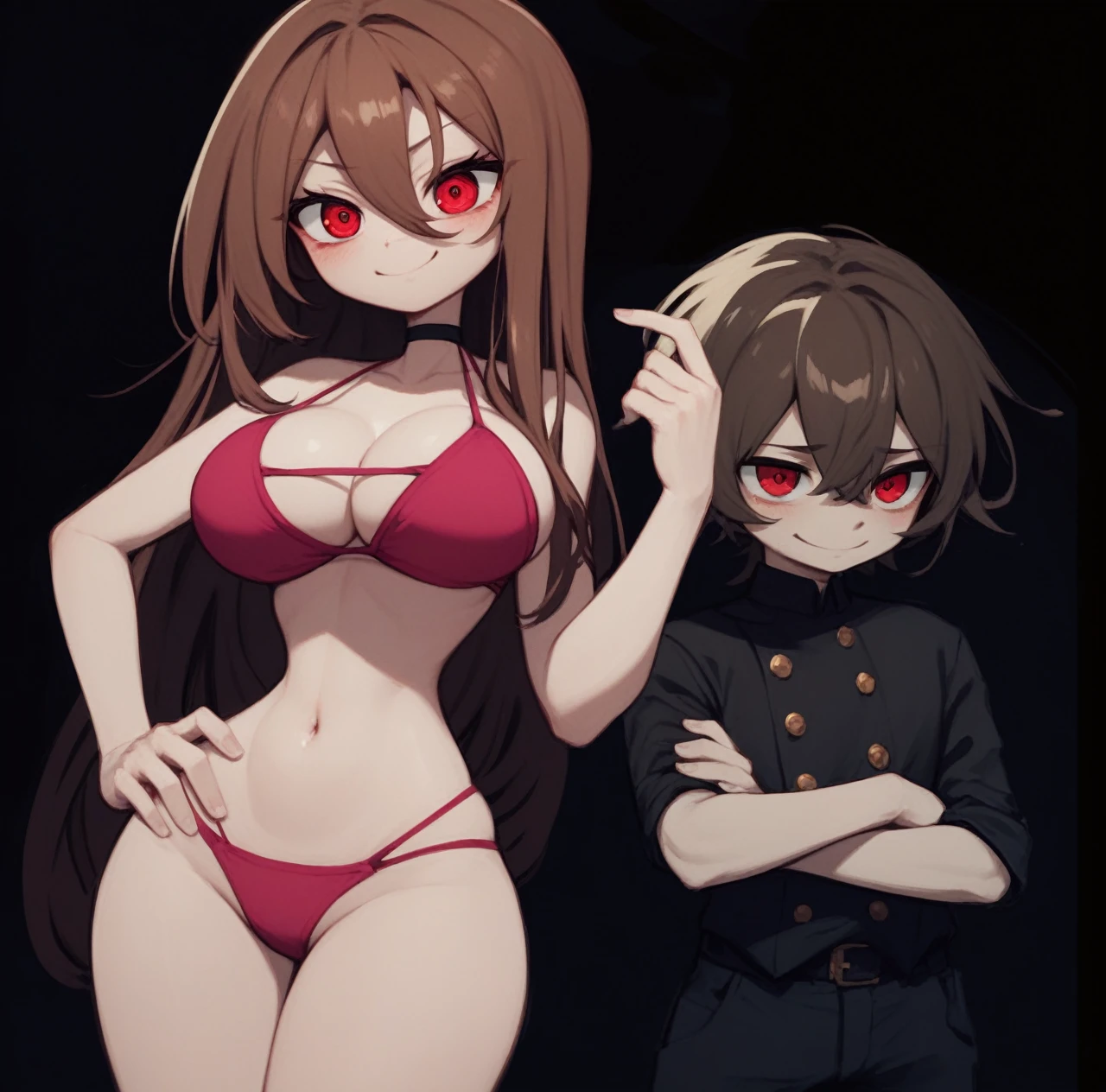 masterpiece, 4k, details, extreme details, high resolution, 1 woman , long brown hair, red eyes, mischievous face, smile, pink bikini, belly, large breasts , standing on your hips // masterpiece, 4k, details, extreme details, high resolution, 1 boy , messy brown hair, red eyes, shy face, gakuran shirt , black dress , black pants , cross your arms , black background