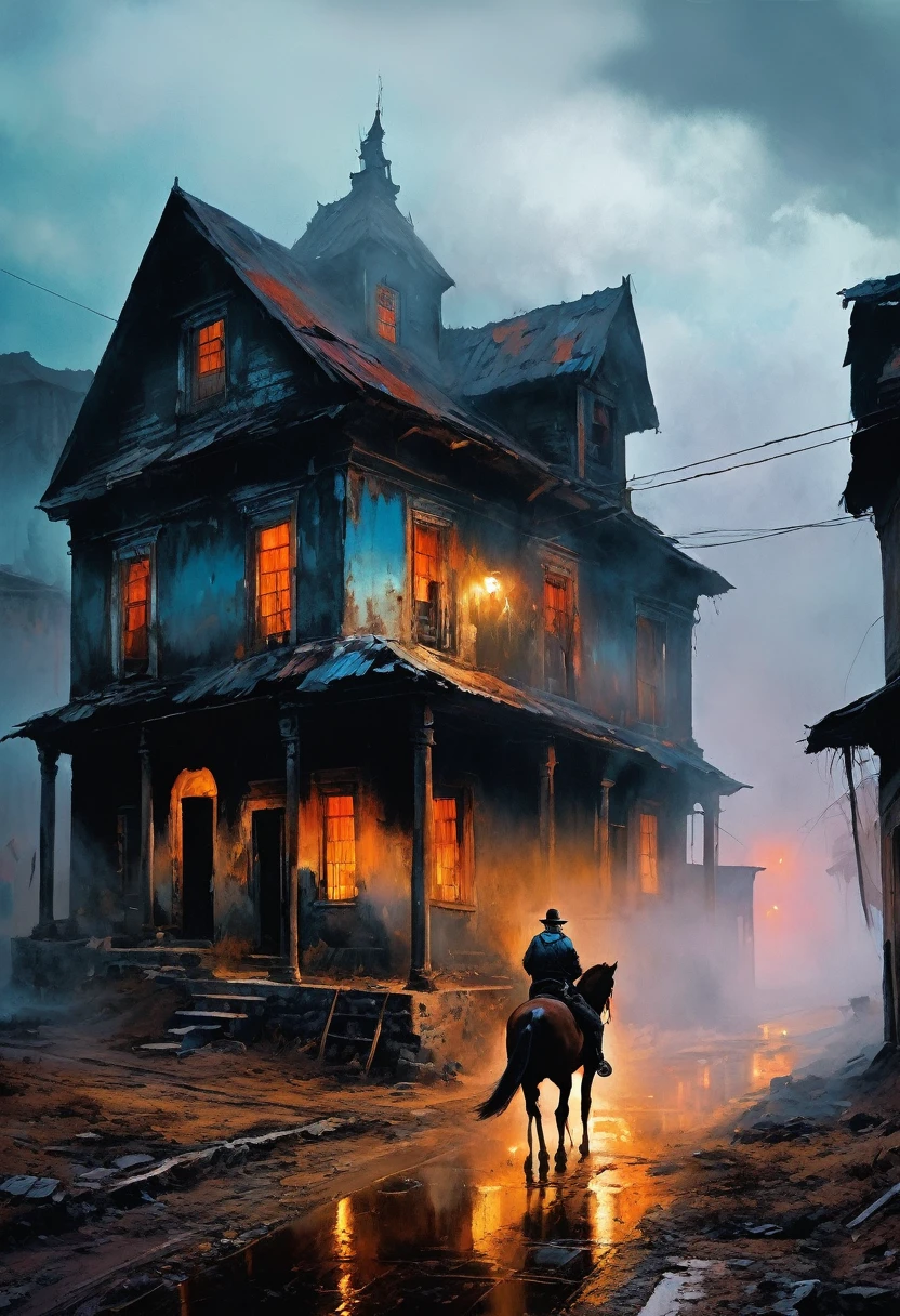 Colorful oil painting. Old dilapidated houses. Very beautiful, gouache, Cinematic, dark, Nasty, mysterious, modern vintage. The fog is thick. ultra-stunning lighting. (Kypchat batyr on horseback with a long spear touching the ground at a fork in the road) dirt in all the cracks; conceptual art, super detailed, amazing composition. hyperrealistic photography, --ar 2:3 --expressive style --v 5.