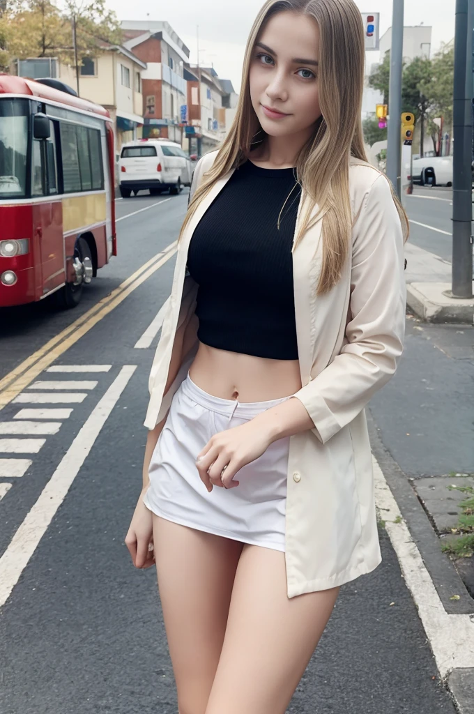 young teenager waiting for the bus, she is ************, pale skin, long blonde hair, very short and extremely erotic , short stature, she is wearing wet and transparent clothes, thin waist and huge breasts, she does not wear underwear, childish appearance, young teenager