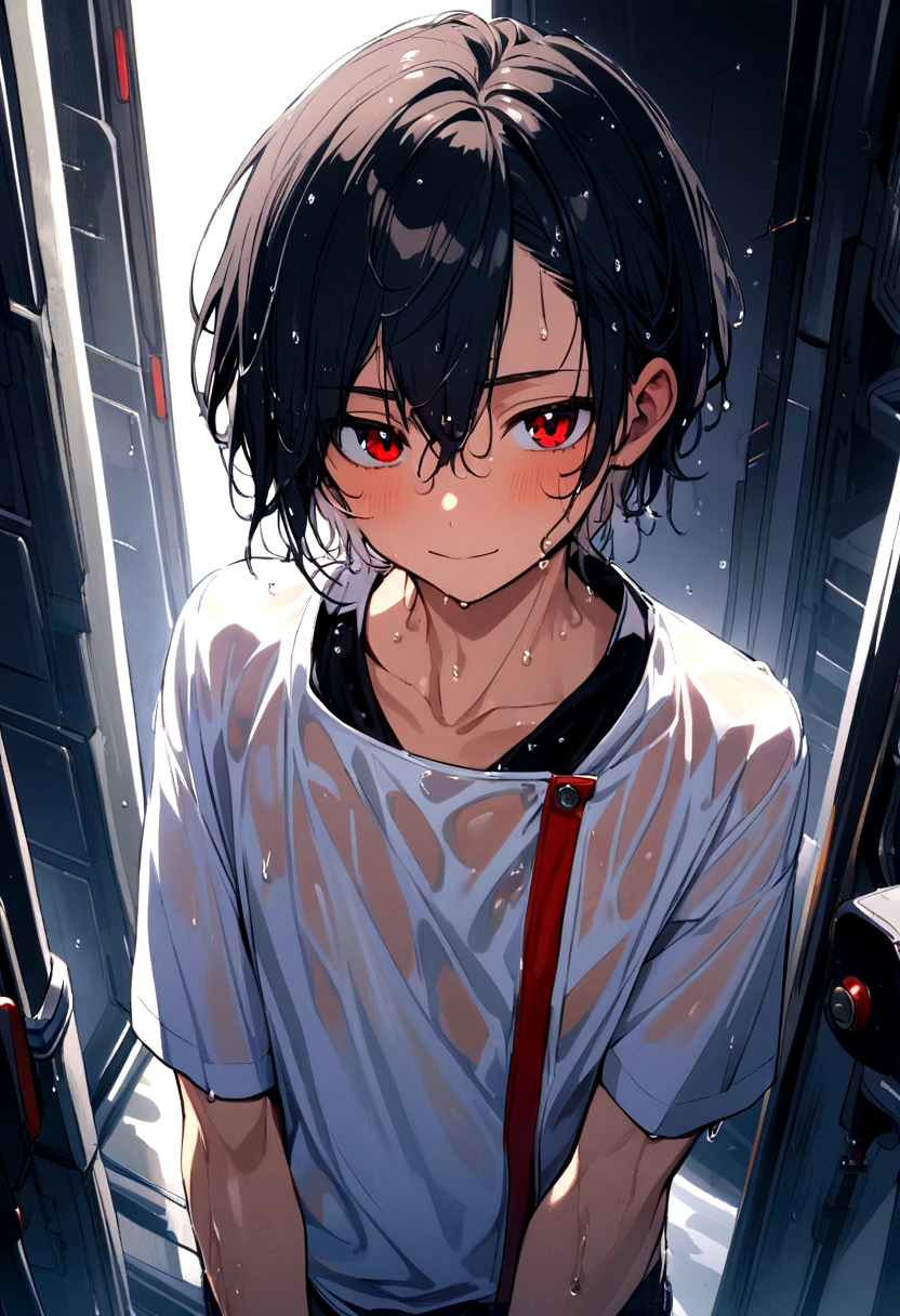 boy, red eyes, black short hair, cute face, wet hair, dry clothes