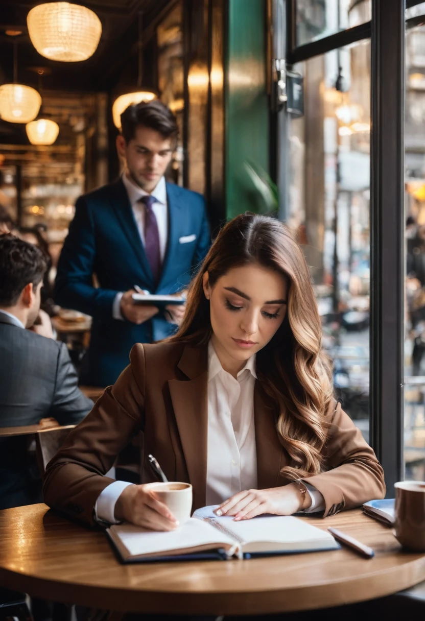 woman in brown jacket writing in a notebook at the table with a man in the background, girl in suit, by Emma Andijewska, girl in suit, wearing a formal suit, wearing business suit, sitting in a cafe, por Mathias Kollros, by Niko Henrichon, por David Rubin, wearing a business suit, Woman in business suit