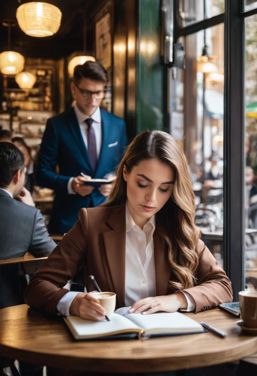 woman in brown jacket writing in a notebook at the table with a man in the background, girl in suit, by Emma Andijewska, girl in suit, wearing a formal suit, wearing business suit, sitting in a cafe, por Mathias Kollros, by Niko Henrichon, por David Rubin, wearing a business suit, Woman in business suit