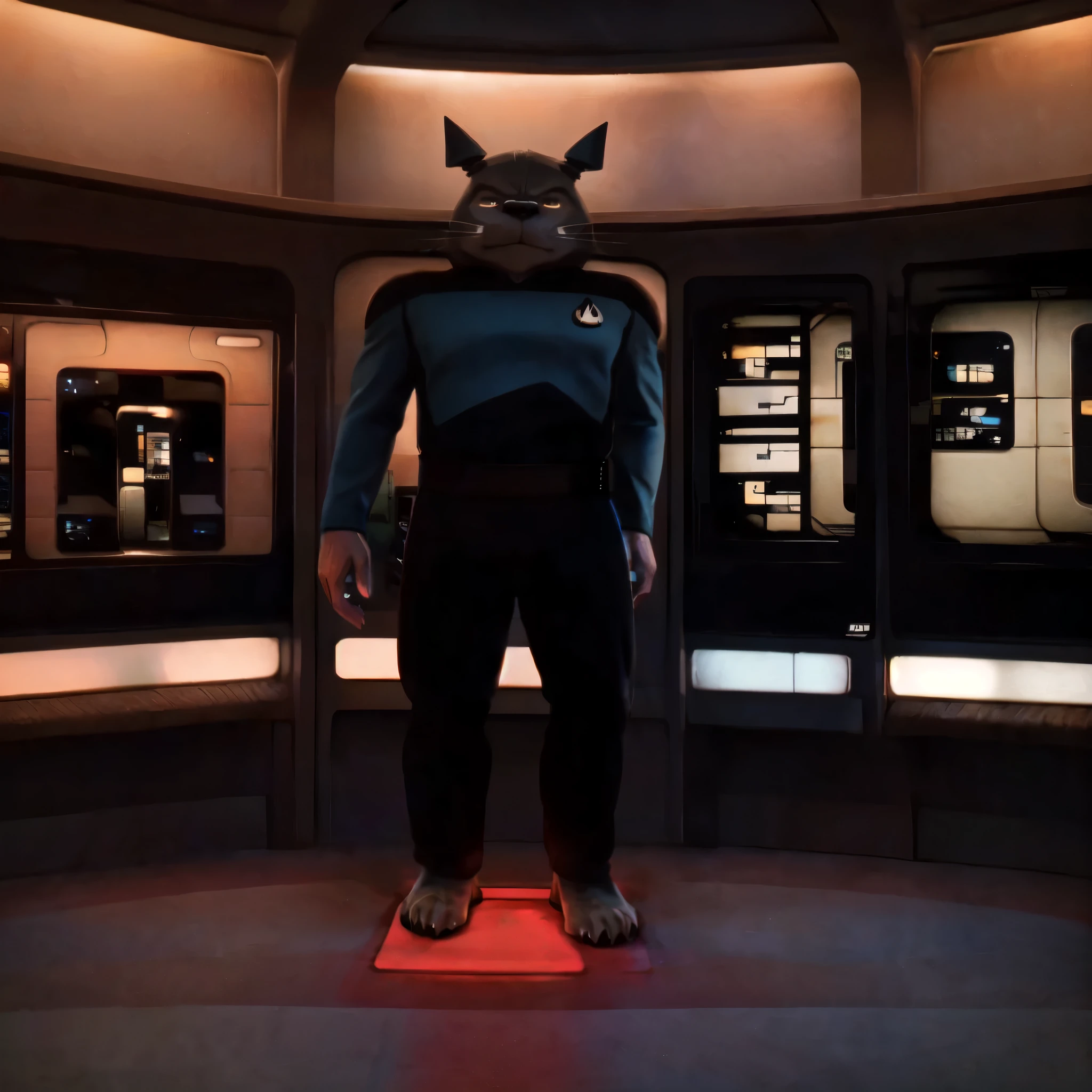 (((Barefoot furry character, full body, cinematic setting, furry male, plantigrade))) 

doctor ((Totoro)), studio ghibili, furry, big, fat, whiskers, grey skin, claws,

exudes confidence and authority on starship bridge, wears star trek next generation doctor blue uniform, ((s3stngunf uniform))) long black pants, muscular figure, (((standing in transporter room, standing on transport platform)))

((Bridge of starship with many screens and consoles)), futuristic look, metalic, bright colors

BREAK, intricate details, highly detailed, extreme detail, octane render, fine art, best quality, highres, (detailed face:1.5), ((full_body)), UHD, (((perfect hands))), ((low light:1.5))