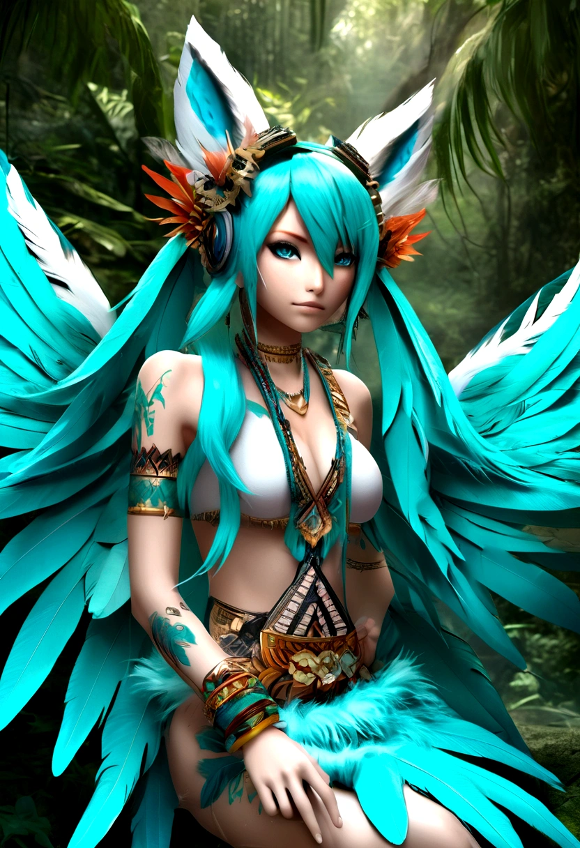 Miku Hatsune, add high definition add_detail:1, blue fur,kitsune ears, tribal tattoo add_detail:1, in ruins in the jungle, barefoot, tribal costume add_details:1, giant aquamarine feather wings_detailsl:1 ,alas hermosas la mejor calidad y detail en las plumas, add blue saturation light_detailsl, sensual pose