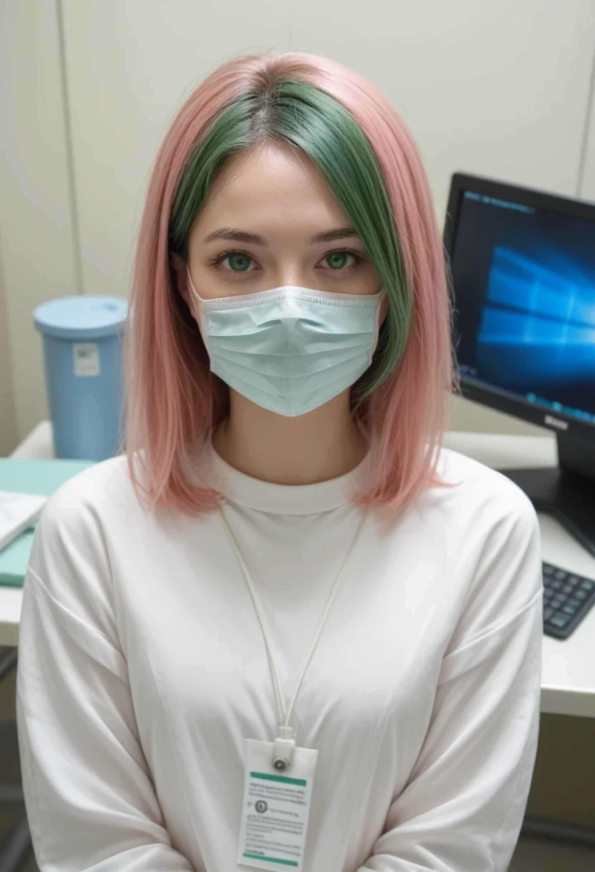 score_9,score_8_up,score_7_up,score_6_up BREAK source_real,raw,photo,realistic BREAK solo,looking at viewer,long sleeves,1girl,in the hospital,holding,green eyes,upper body,pink hair,green hair,indoors,mask,mouth mask,computer,monitor,surgical mask,intravenous drip,