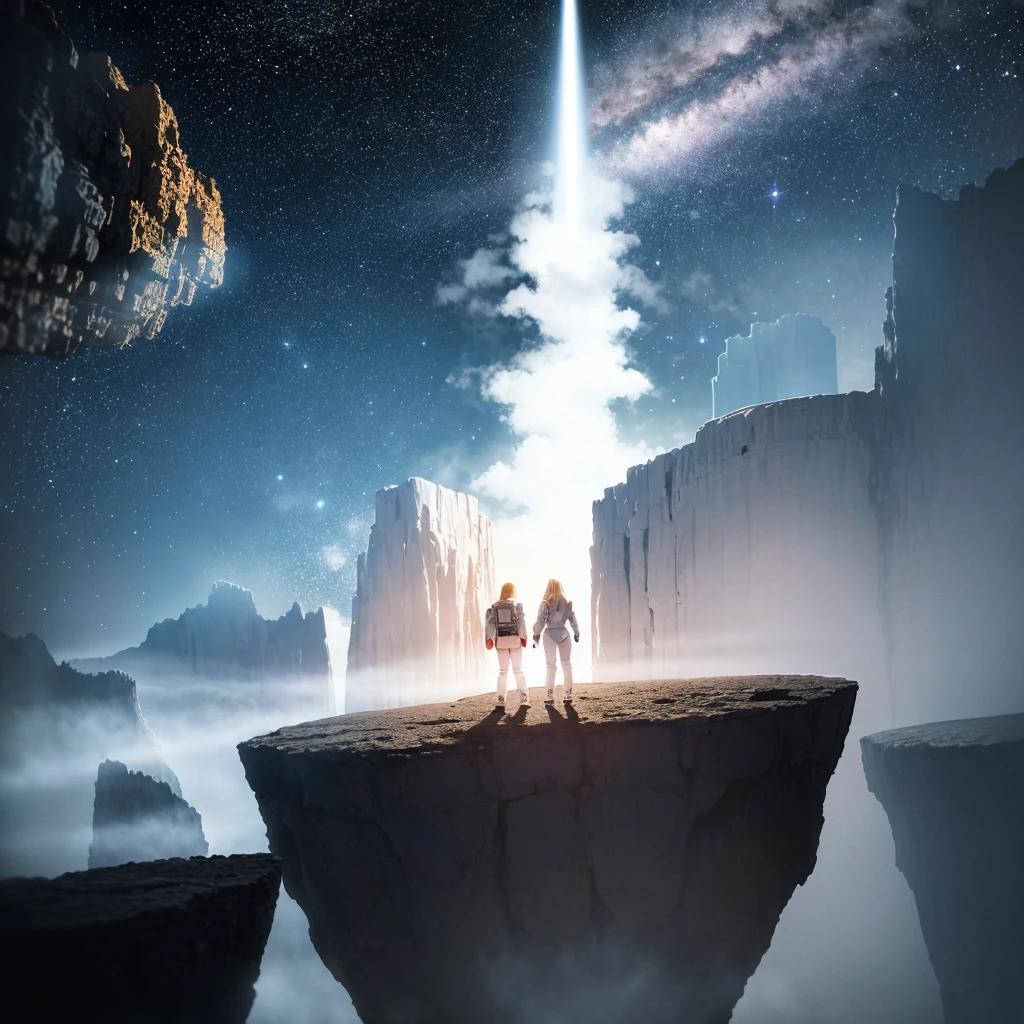 At the top of the mountain and on the edge of the cliff, a muscular blonde woman, with huge ass, big breasts with big cleavage, wearing white spacesuit, wearing titanium boots, Looking and smiling at the camera, Beautiful feet, showing full body. Under the cliff, Four spaceships slowly emerge from the ruins of a desolate city built in the desert, Going to the stars, cinematic lighting, Glow Up, anáglifo, optical illusion, From above, atmospheric perspective, ultra HD