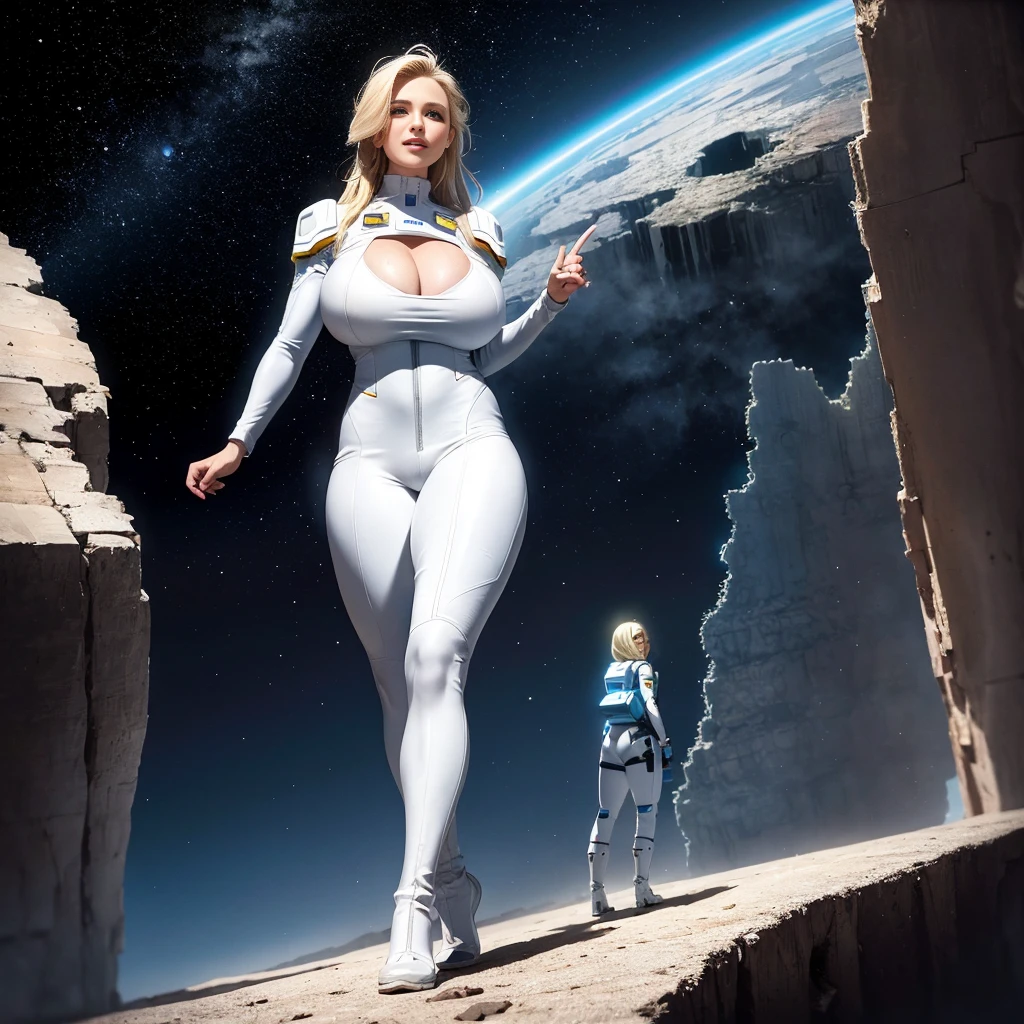 At the top of the mountain and on the edge of the cliff, a muscular blonde woman, with huge ass, big breasts with big cleavage, wearing white spacesuit, wearing titanium boots, Looking and smiling at the camera, Beautiful feet, showing full body. Under the cliff, Four spaceships slowly emerge from the ruins of a desolate city built in the desert, Going to the stars, cinematic lighting, Glow Up, anáglifo, optical illusion, From  above, atmospheric perspective, ultra HD