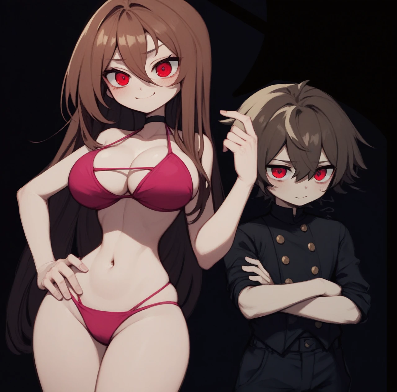 masterpiece, 4k, details, extreme details, high resolution, 1 woman , long brown hair, red eyes, mischievous face, smile, pink bikini, belly, large breasts , standing on your hips // masterpiece, 4k, details, extreme details, high resolution, 1 boy , messy brown hair, red eyes, shy face, gakuran shirt , black dress , black pants , cross your arms , black background