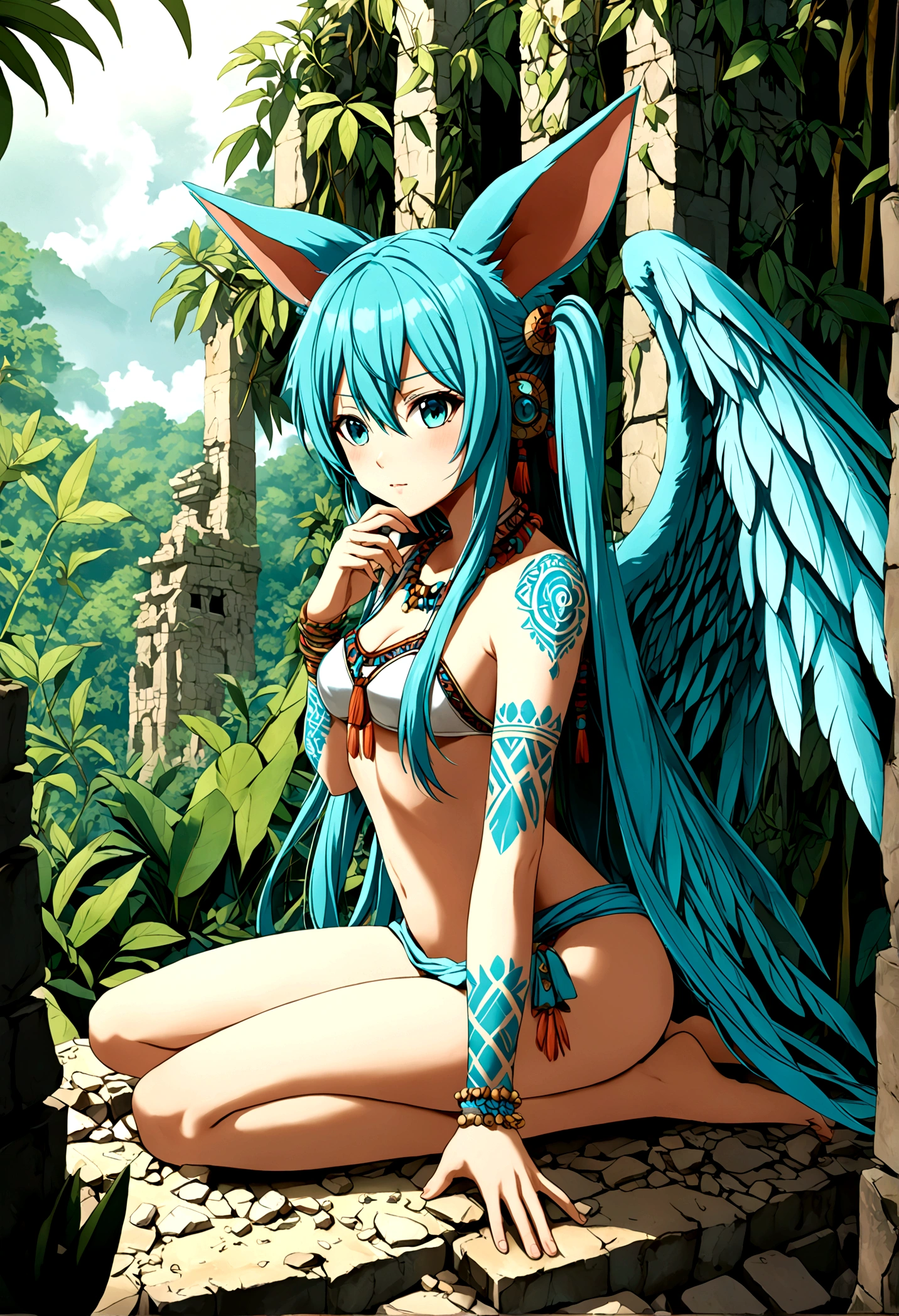 Miku Hatsune, add high definition add_detail:1, blue fur,kitsune ears, tribal tattoo add_detail:1, in ruins in the jungle, barefoot, tribal costume add_details:1, giant aquamarine feather wings_detailsl:1 ,alas hermosas la mejor calidad y detail en las plumas, add blue saturation light_detailsl, sensual pose