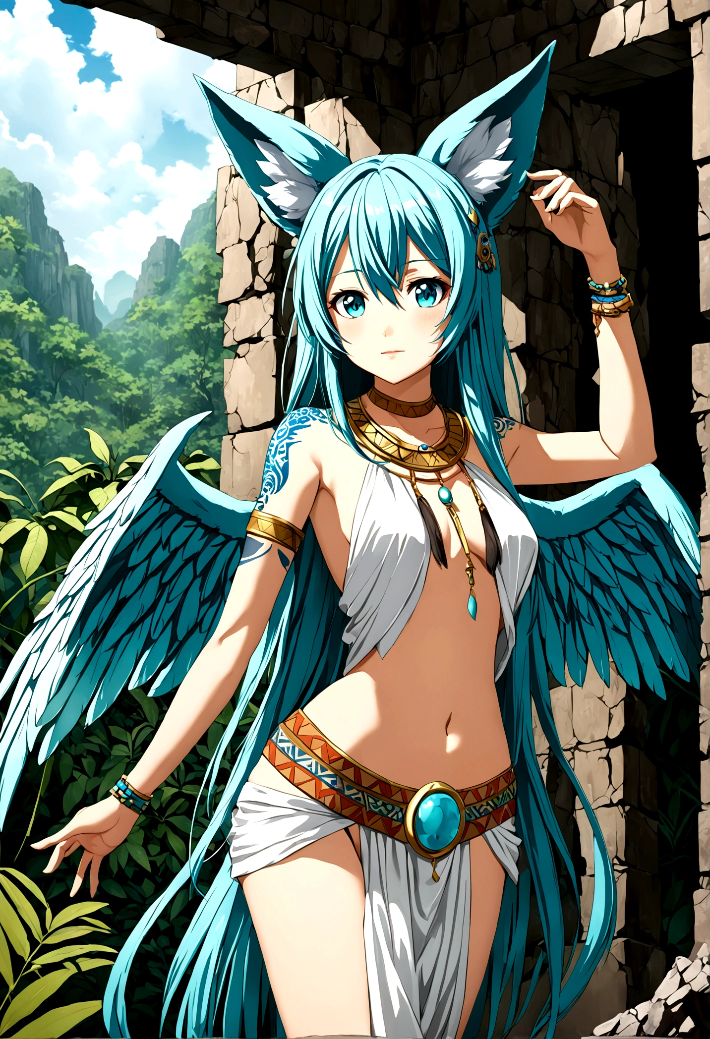 Miku Hatsune, add high definition add_detail:1, blue fur,kitsune ears, tribal tattoo add_detail:1, in ruins in the jungle, barefoot, tribal costume add_details:1, giant aquamarine feather wings_detailsl:1 ,alas hermosas la mejor calidad y detail en las plumas, add blue saturation light_detailsl, sensual pose