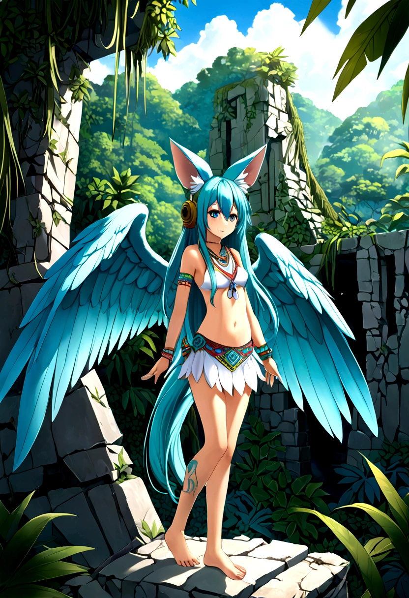 Miku Hatsune, add high definition add_detail:1, blue fur,kitsune ears, tribal tattoo add_detail:1, in ruins in the jungle, barefoot, tribal costume add_details:1, giant aquamarine feather wings_detailsl:1 ,alas hermosas la mejor calidad y detail en las plumas, add blue saturation light_detailsl, sensual pose