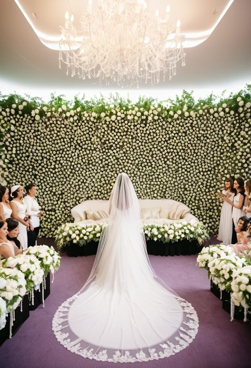 Cinema full of brides wearing veils and garlands with white gloves and bouquets of flowers watching bridal films