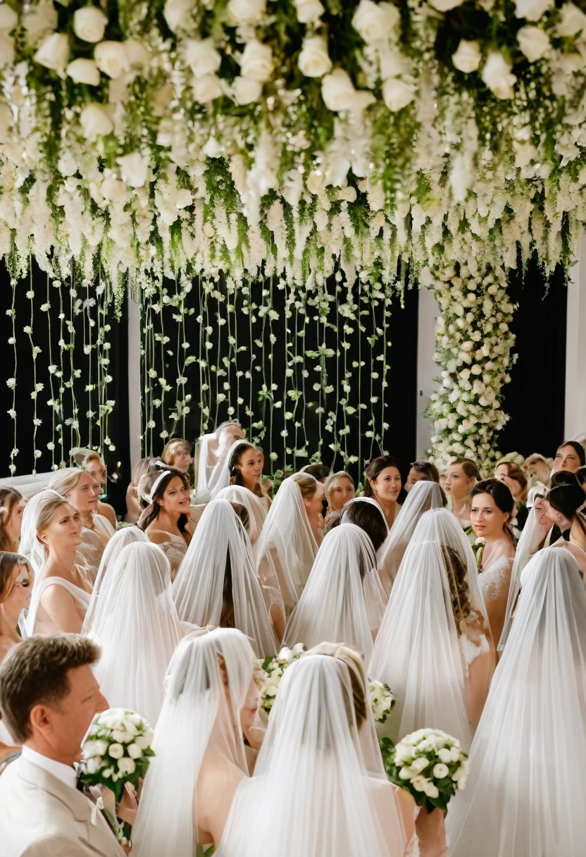 Cinema full of brides wearing veils and garlands with white gloves and bouquets of flowers watching bridal films
