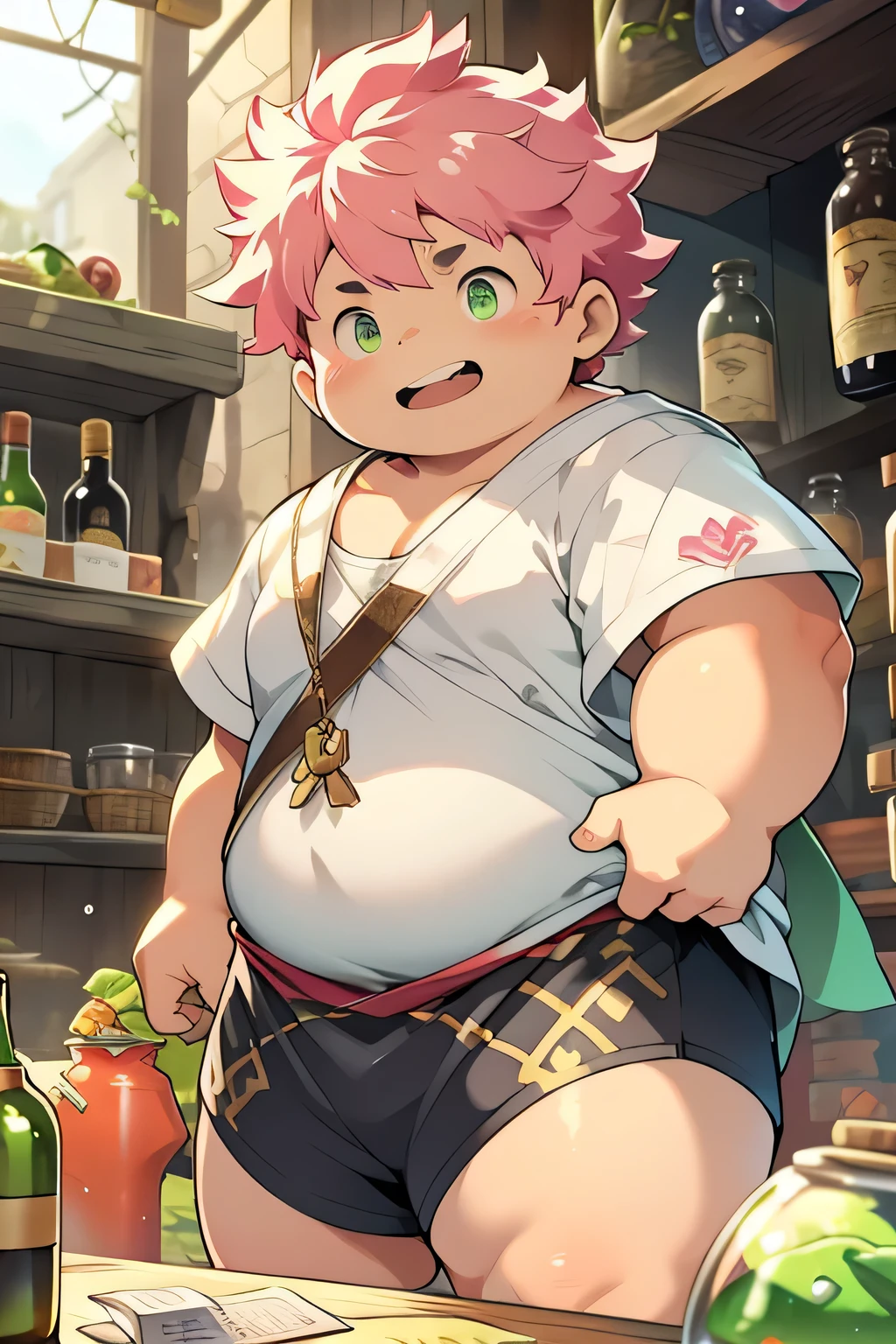 fat Boy,cute,overweight,Short pink hair,Fluorescent green eyes,merchant,In the game style shop,There are many potion bottles behind,lol,