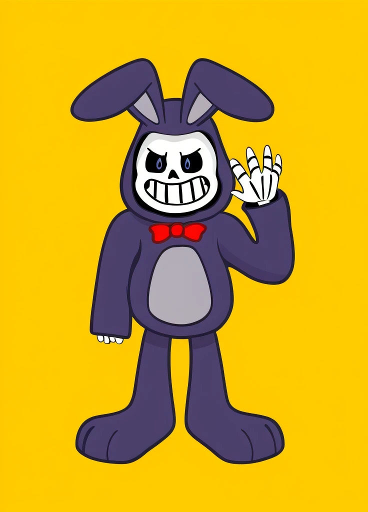 ​masterpiece, 3d, skull dressed as a purple plush rabbit, dando tchau, wearing a red bow tie, bone hands, cartoon, high qualiy, 4K