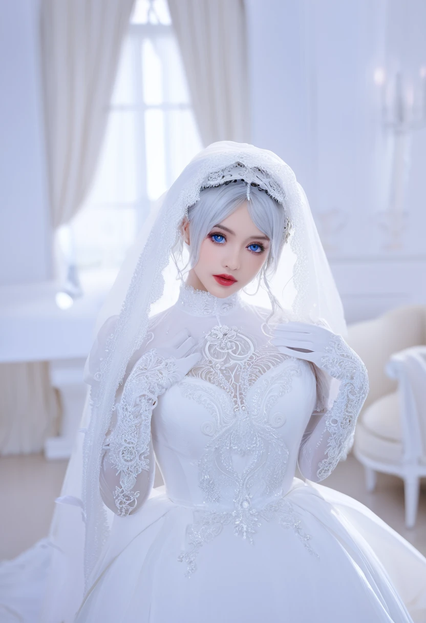 a young woman with striking blue eyes and silver hair. She is wearing a white bridal gown with intricate lace detailing. The gown has a high neckline and long sleeves. She is also wearing white gloves and a white veil that drapes over her shoulders. Her makeup is subtle, with emphasis on her red lips. The background is a blurry white interior, possibly a grand room or hall. The overall theme of the image is white, giving it a bridal or ethereal feel.