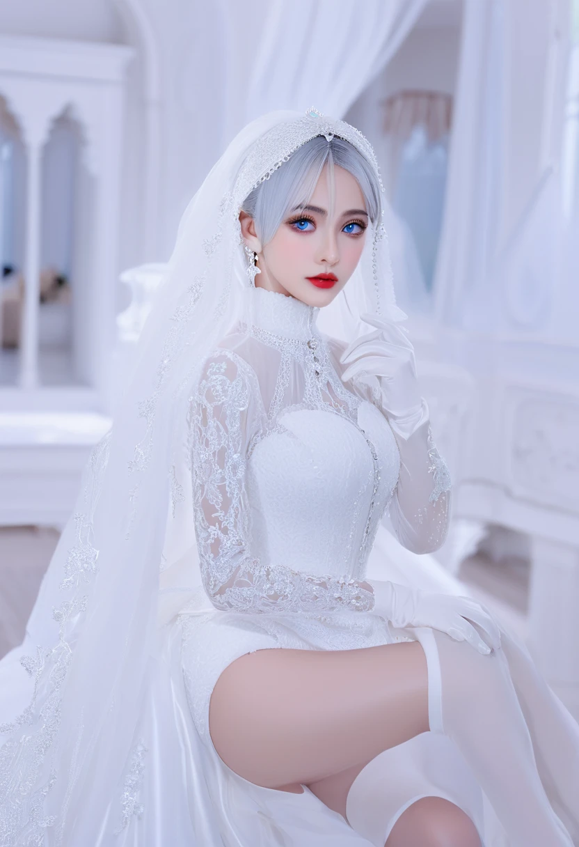 a young woman with striking blue eyes and silver hair. She is wearing a white bridal gown with intricate lace detailing. The gown has a high neckline and long sleeves. She is also wearing white gloves and a white veil that drapes over her shoulders. Her makeup is subtle, with emphasis on her red lips. The background is a blurry white interior, possibly a grand room or hall. The overall theme of the image is white, giving it a bridal or ethereal feel.