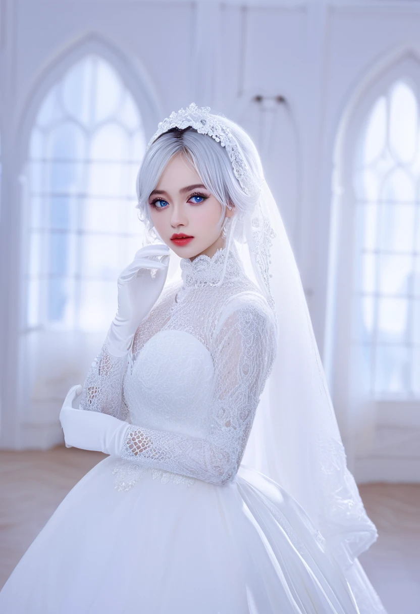 a young woman with striking blue eyes and silver hair. She is wearing a white bridal gown with intricate lace detailing. The gown has a high neckline and long sleeves. She is also wearing white gloves and a white veil that drapes over her shoulders. Her makeup is subtle, with emphasis on her red lips. The background is a blurry white interior, possibly a grand room or hall. The overall theme of the image is white, giving it a bridal or ethereal feel.