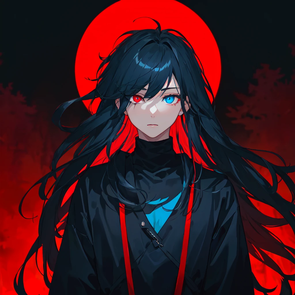 1boy, cute boy, 8k, best quality, good quality, masterpiece, (stunning dark blue long hair:1.2), (hair dark red underlight:1.3) heterochromia, (dark blue left eye:1.3), (red right eye: 1.3), (dark theme:1.3), (dark atmosphere:1.3), wild hair, glowing eyes, high resolution, slim waist, hair messy, ((red and dark blue clothes)), (forest background)