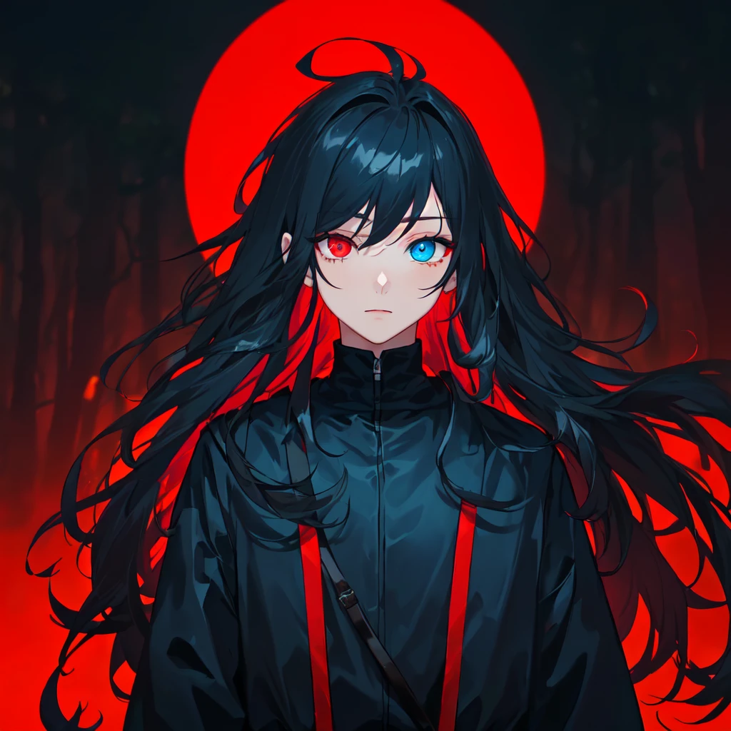 1boy, cute boy, 8k, best quality, good quality, masterpiece, (stunning dark blue long hair:1.2), (hair dark red underlight:1.3) heterochromia, (dark blue left eye:1.3), (red right eye: 1.3), (dark theme:1.3), (dark atmosphere:1.3), wild hair, glowing eyes, high resolution, slim waist, hair messy, ((red and dark blue clothes)), (forest background)
