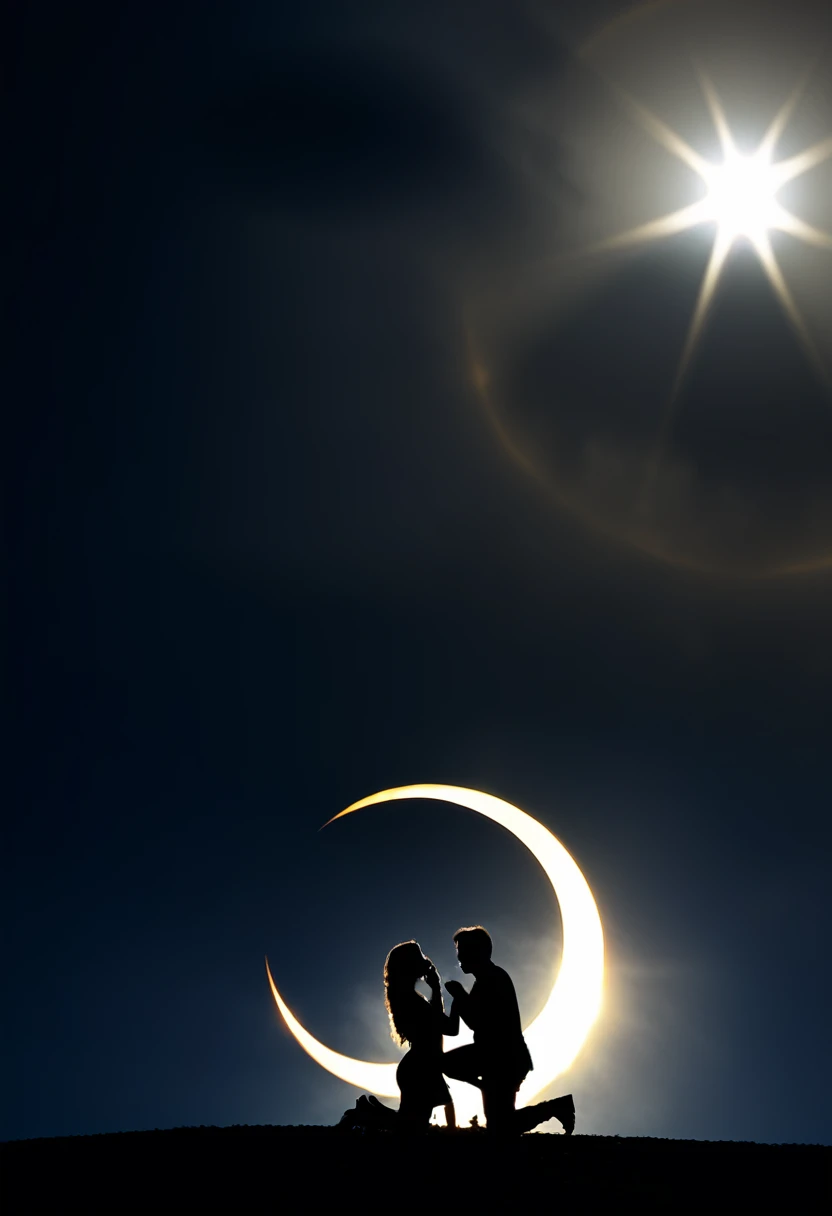 a solar eclipse scene is prominently visible against a dark, cloudy sky. The solar eclipse shape is illuminated, casting a soft glow on the surrounding area. In the foreground, there are two silhouetted figures, possibly a woman and a man. A man kneels down on one knee, perhaps proposing to a woman. The overall mood of the image is serene and mysterious, with the solar eclipse acting as a focal point amidst the vast expanse of the sky